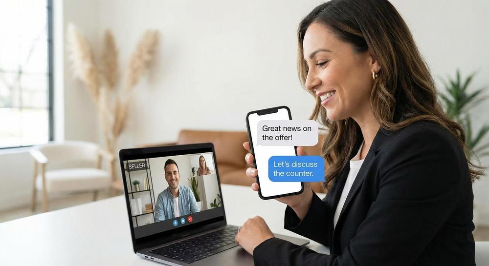 Real estate agent communicating with seller via phone and messaging