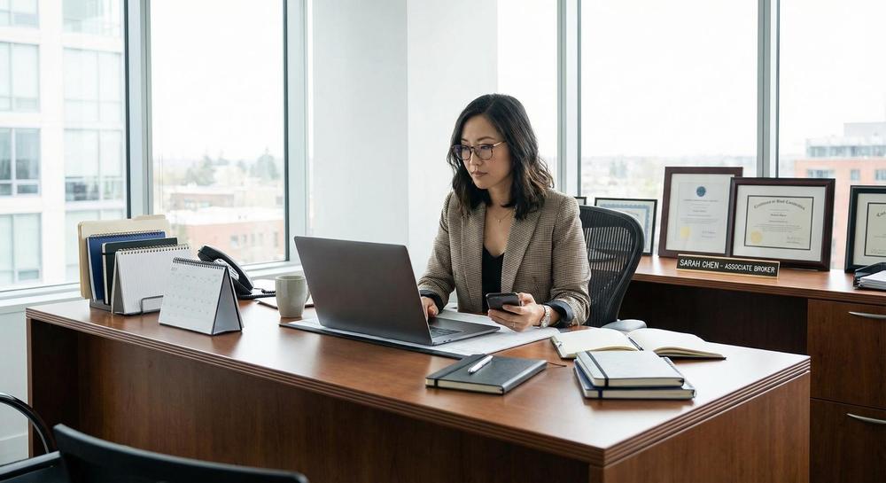 Professional real estate agent working at desk, available and committed