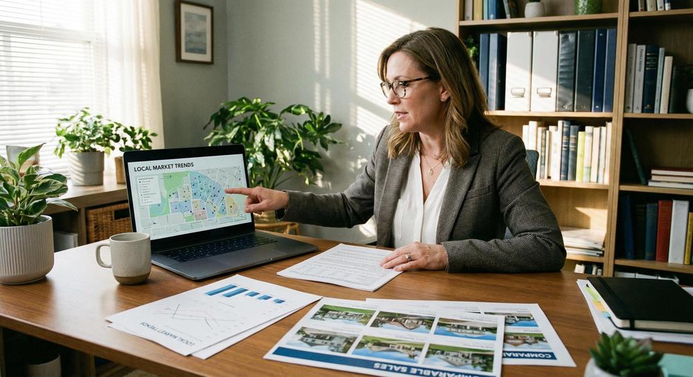 Real estate agent reviewing neighborhood map and local market data