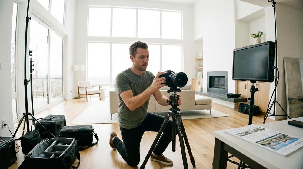 Photographer setting up a camera on a tripod in a bright living room