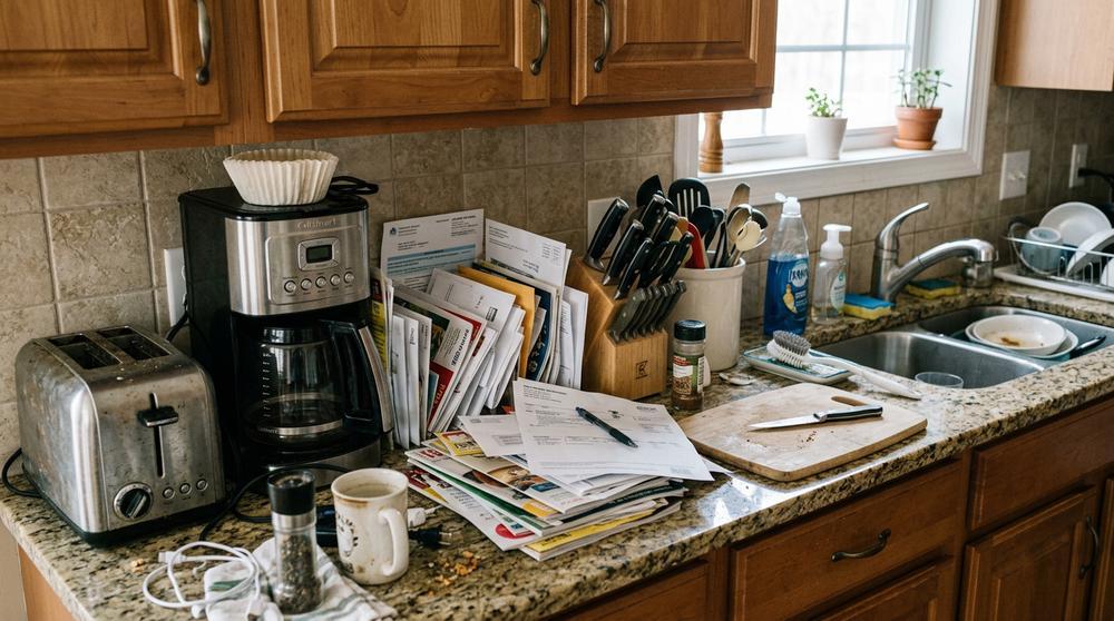 Cluttered kitchen countertops - clear before listing
