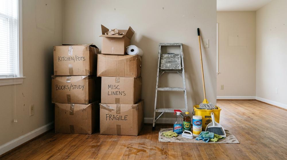 Moving boxes and cleaning supplies left behind - remove before showing